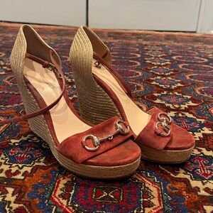 Gucci Suede Horsebit Wedge Sandal Heels